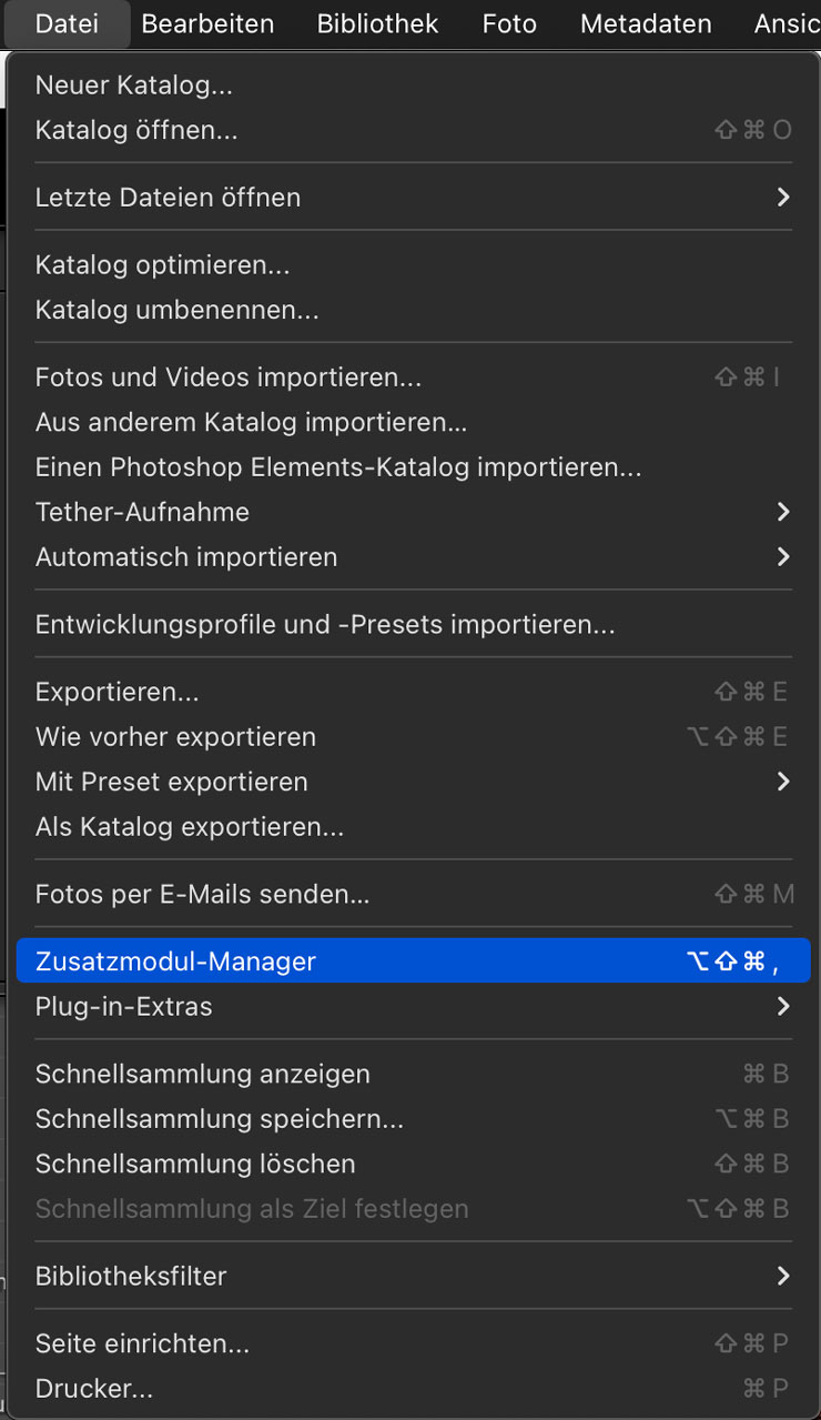 Das Menü Datei in LrC