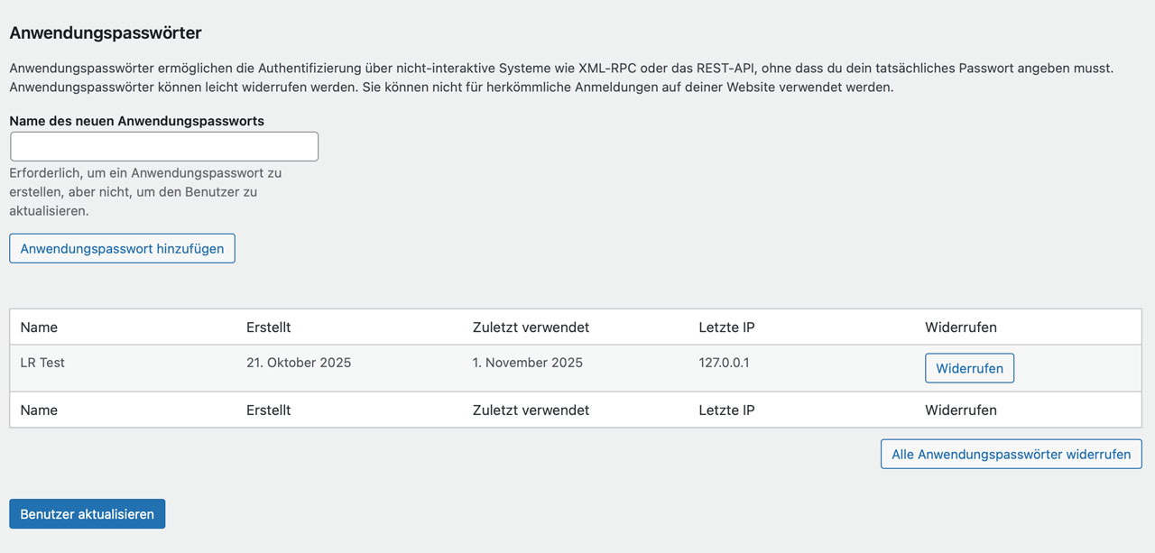 Anwendungskennwort in WordPress