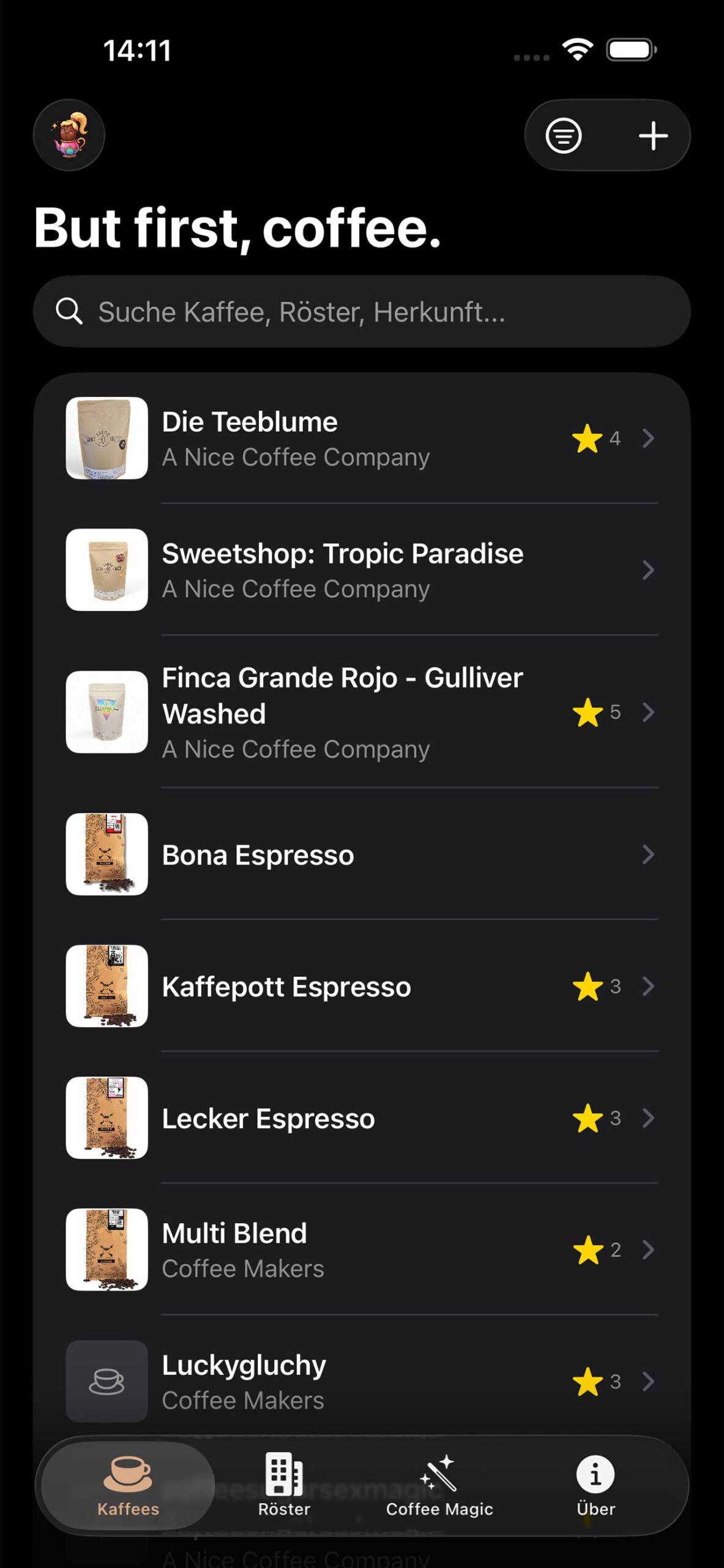 Eine Liste mit Kaffees in der App