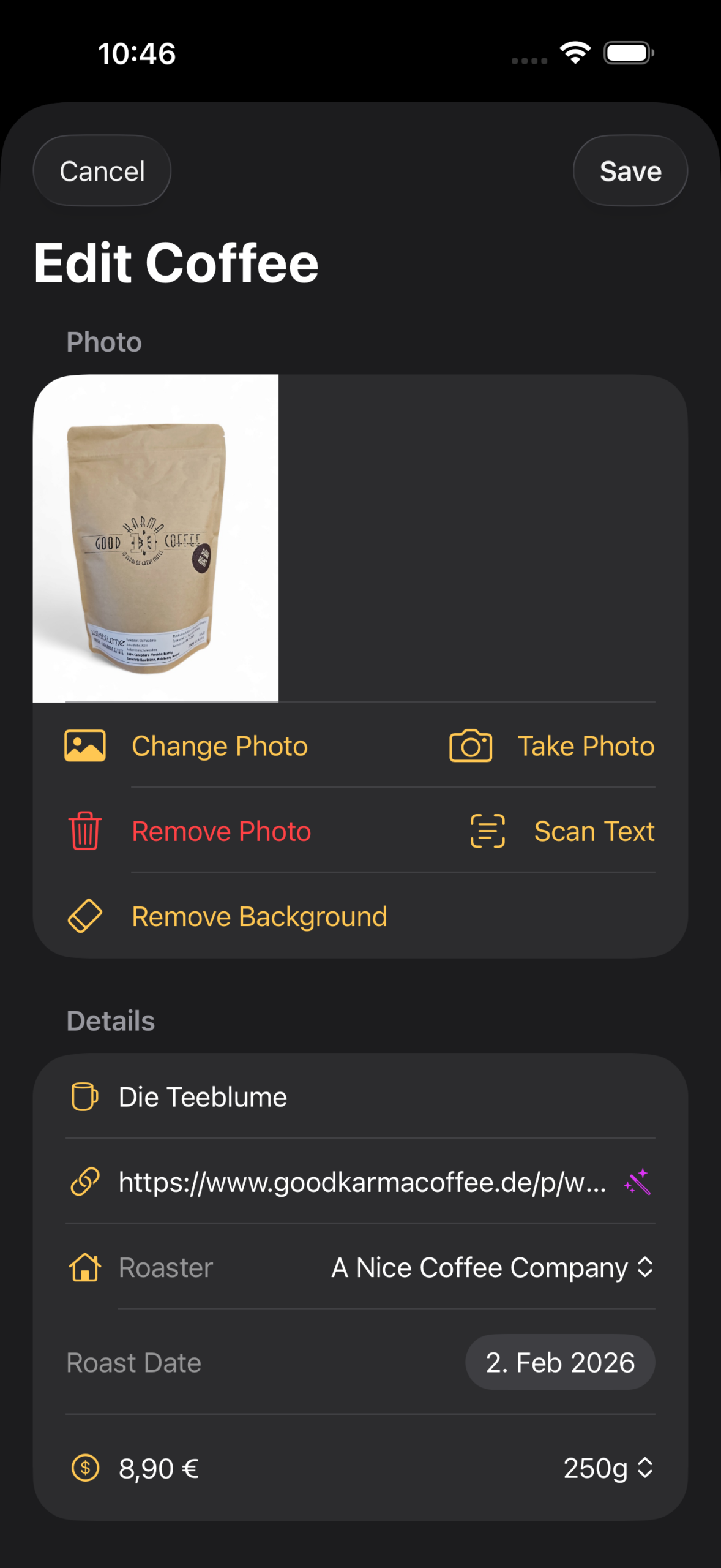 A single Coffee in edit mode
